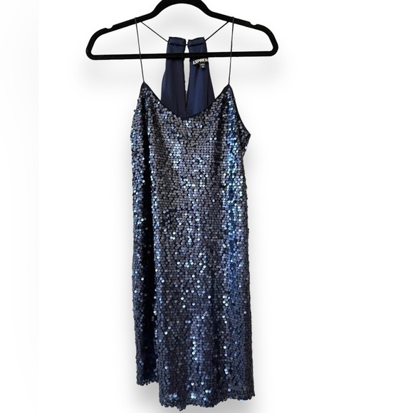Express Party Dress Womens Size XS Navy Blue Sequin Strappy Mini V Neck Fetsival - Picture 3 of 8